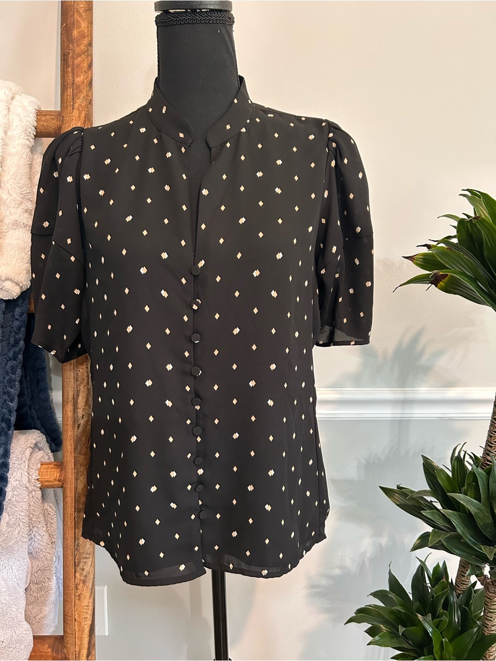 Ann Taylor Black Blouse with Cream Diamond Print